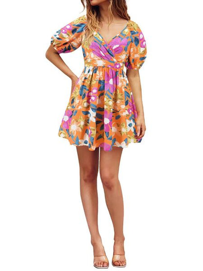 Women's Summer Printed V-Neck Lantern Sleeve Short Dress

 HEDVV9ZEKK