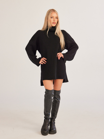 Turtleneck Long Sleeve Side Slit Pullover Sweater H72LT7379N