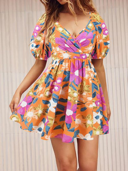 Women's Summer Printed V-Neck Lantern Sleeve Short Dress

 HEDVV9ZEKK