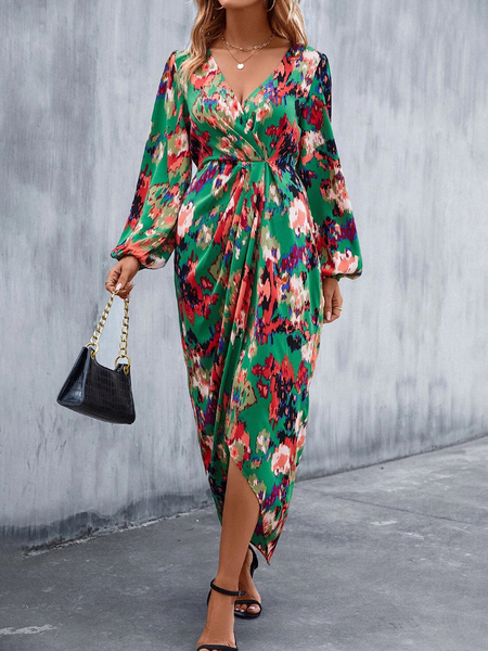 Printed V-neck Lantern Sleeve Wrap Dress