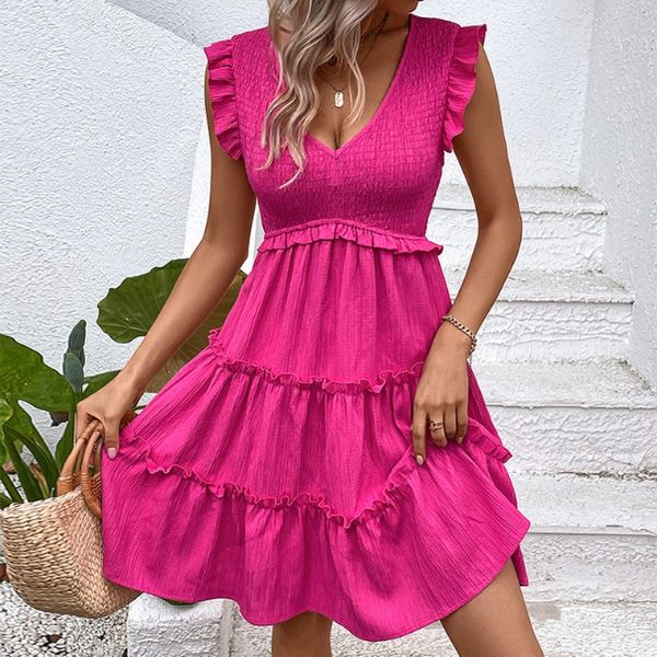 Women's V Neck Flutter Sleeve Tiered Smocked Dress HEQZLU8WQB