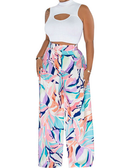 Sleeveless Short Top with Wide Leg Pants Two-piece Set HWF57YRXQY