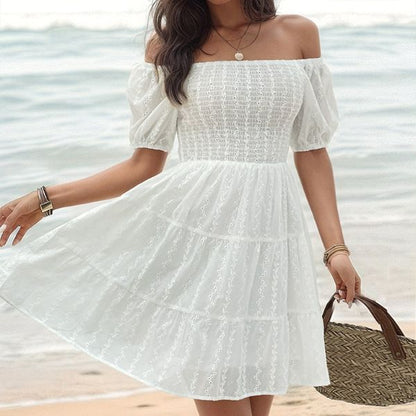 Women's Sundresses High Waist Off Shoulder Summer Dress Puff Sleeve Tiered Ruffle Hem Mini Dress
 HED2FKQPTD