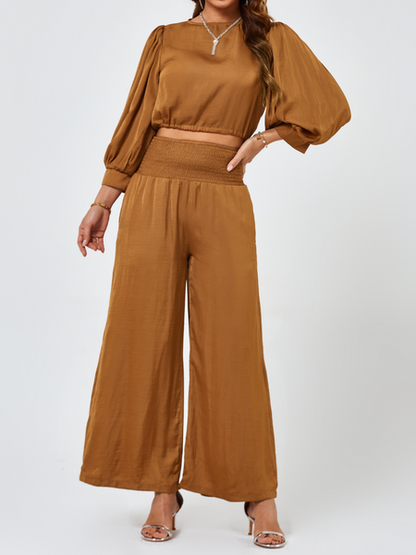 Women's 2PC Set Lantern Sleeve Crew Neck Top High Waisted Wide Leg Pants

 H8L7FFR6BN