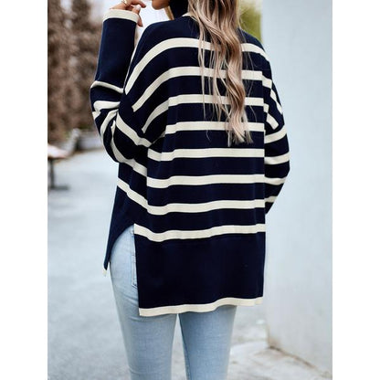 Women's Striped Turtleneck Side-slit Sweater