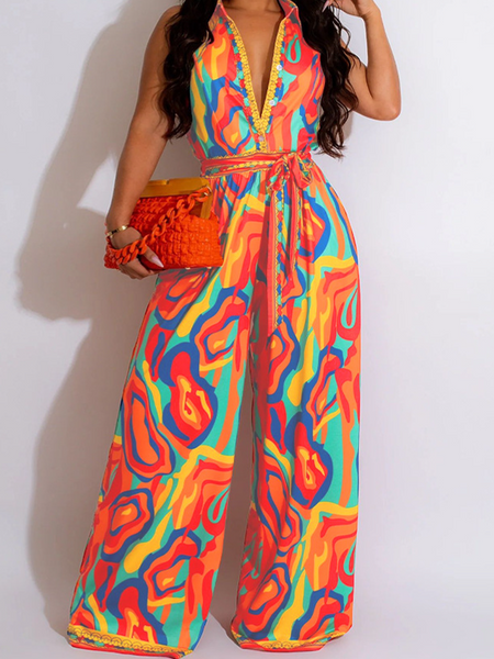 Printed sleeveless casual V-neck wide leg jumpsuit HW5SUAN5B4