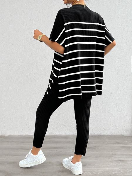 Women's Comfy Set Striped Pattern Batwing Sleeve Crew Neck Knit Top with Pants H8ZM6PXZW9