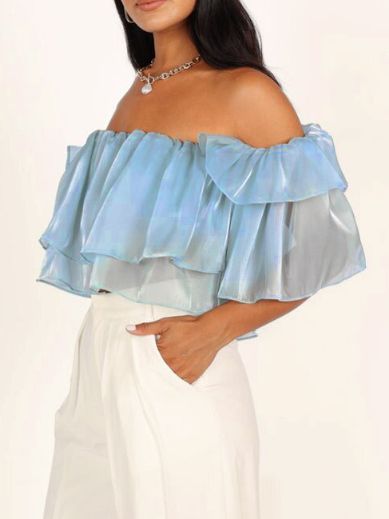 Women's Off Shoulder Double Layer Ruffle Trim Crop Top HUBDBMHSHB