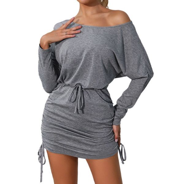 Ruched Dress Asymmetrical Neckline Batwing Long Sleeve Drawstring Bodycon Dress HEQ3W9U47A