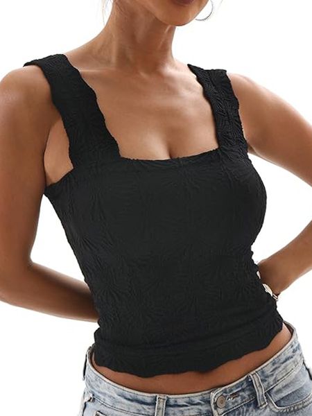 Women‘s Square Neck Crop Tank Top Slim Fitted Wide Strap Cami Cute Y2k Summer Going Out Tops HXUAPMR7M4