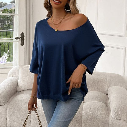 Women's Solid Color Dropped- shoulder Casual Top 3/4 Sleeve Crew Neck Knitted Top HWVK7LL7H2