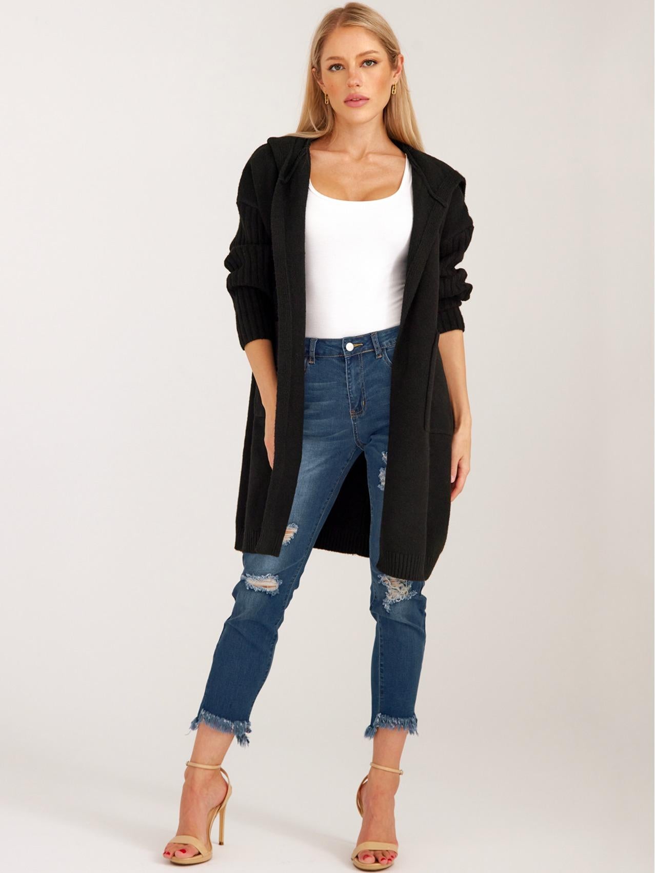 Women's Open Front Long Sleeve Lightweight Hooded Cardigan Coat