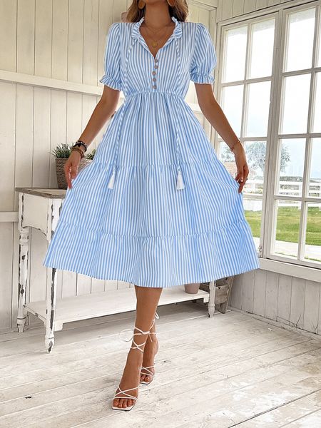 Women's Striped Dress Puff Short Sleeve Ruffle Hem Midi Dress Summer  Dress  
 HWHA6857U7