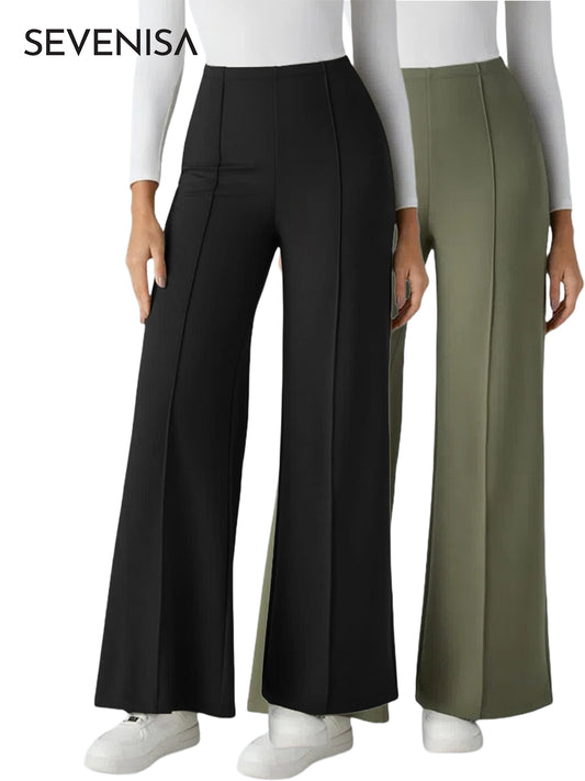 Solid Color High Waisted Pick-Stitching Classic and Chic Wide-Leg Work Pants